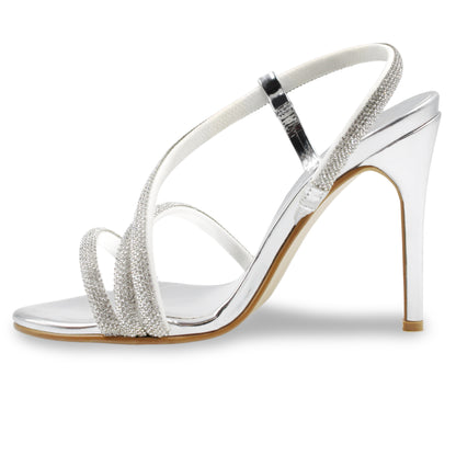 Sandalias de Tacón Stiletto Plateadas con Pedrería - CRIVELLI 2927